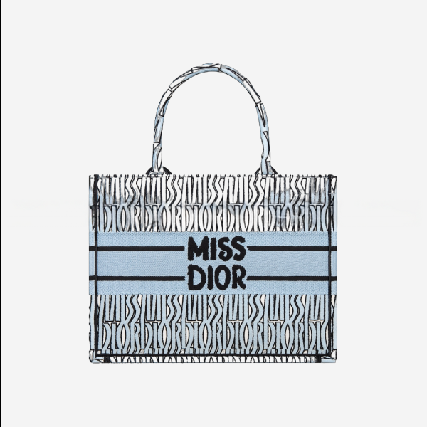 디올 북토트 Miss Dior Allover 페일 블루 & 블랙 미디엄 백