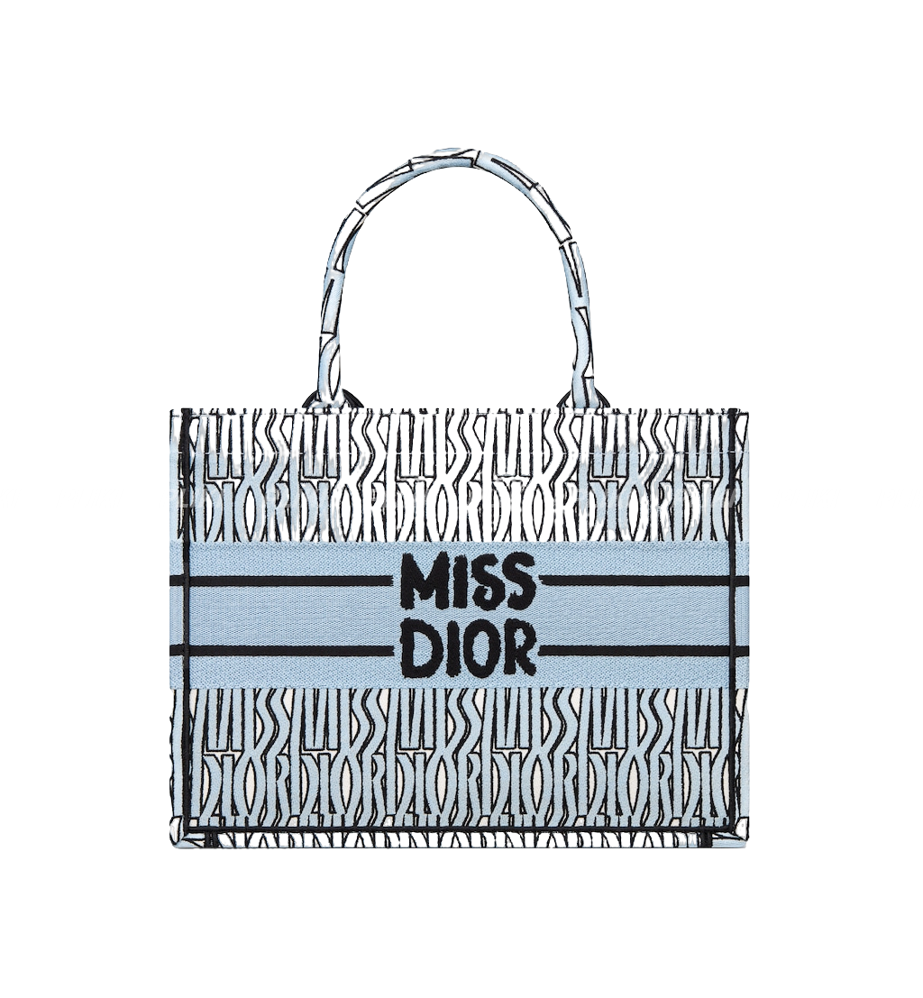 디올 북토트 Miss Dior Allover 페일 블루 & 블랙 미디엄 백