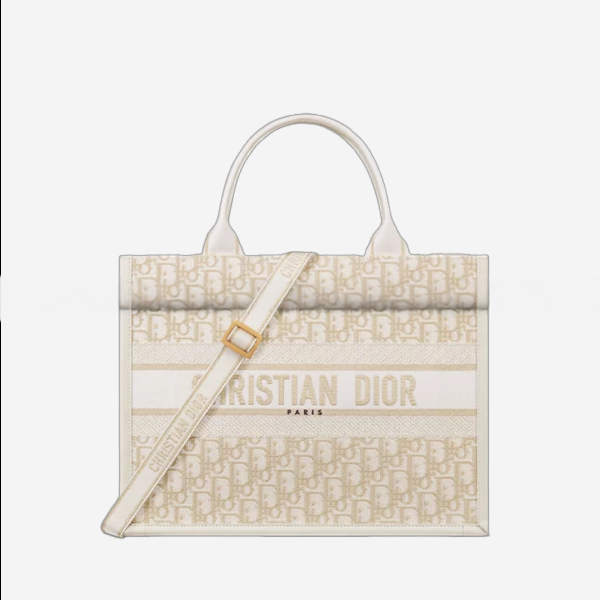 디올 Dior Book Tote 골드 톤 메탈릭 스레드 미디엄 백