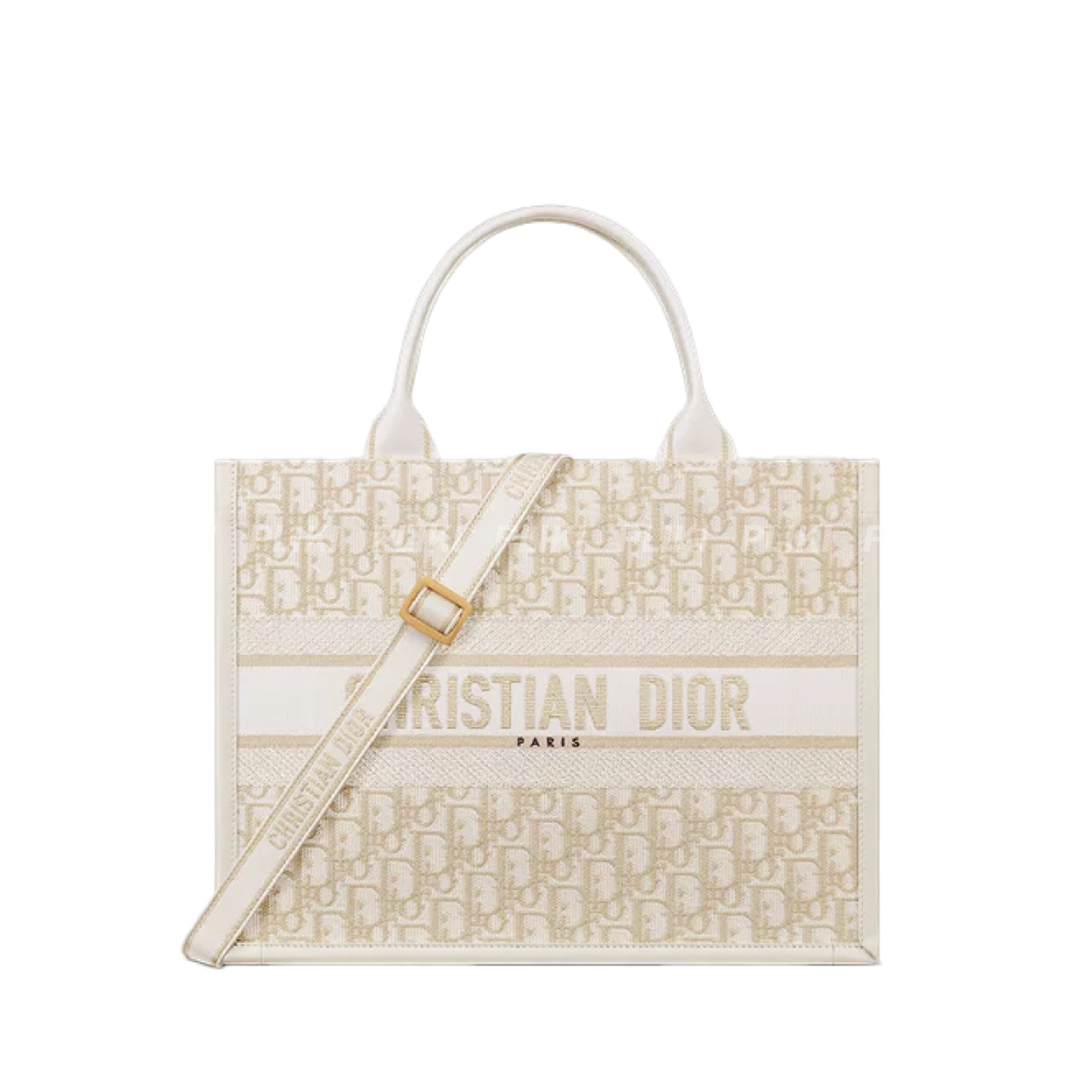 디올 Dior Book Tote 골드 톤 메탈릭 스레드 미디엄 백