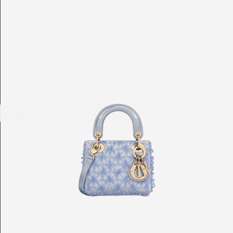 디올 Lady Dior 셀레스티얼 블루 새틴 & 비즈 자수 마이크로 백