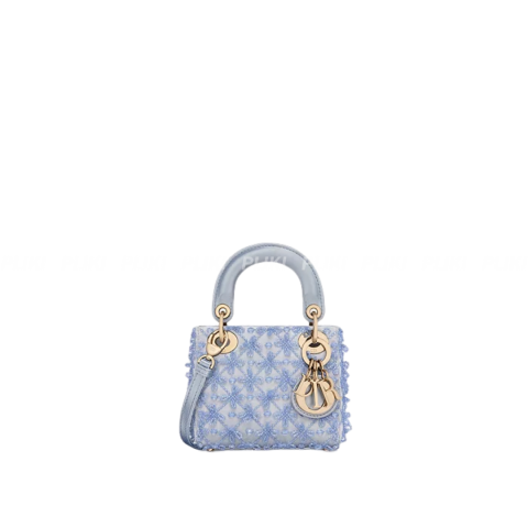 디올 Lady Dior 셀레스티얼 블루 새틴 & 비즈 자수 마이크로 백