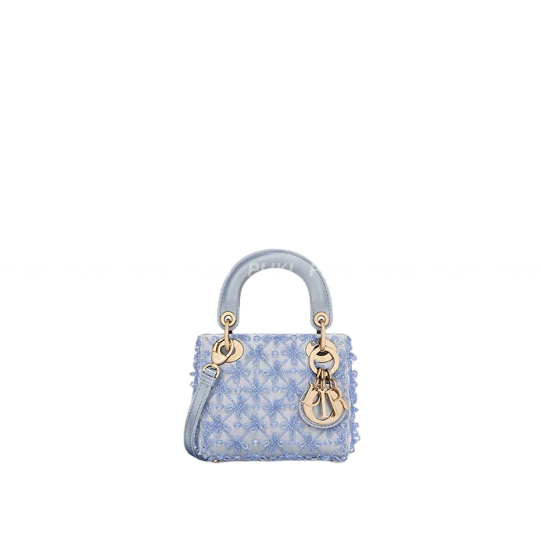 디올 Lady Dior 셀레스티얼 블루 새틴 & 비즈 자수 마이크로 백