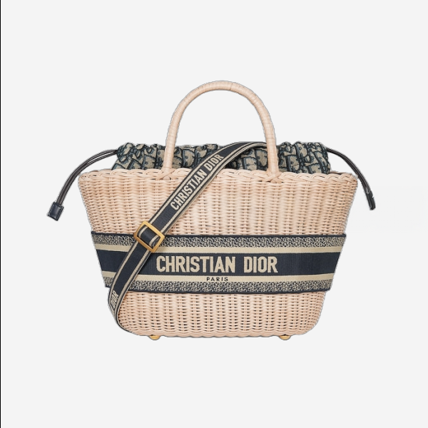 디올 내추럴 위커 & 블루 Dior Oblique 자카드 모자 바스켓 백
