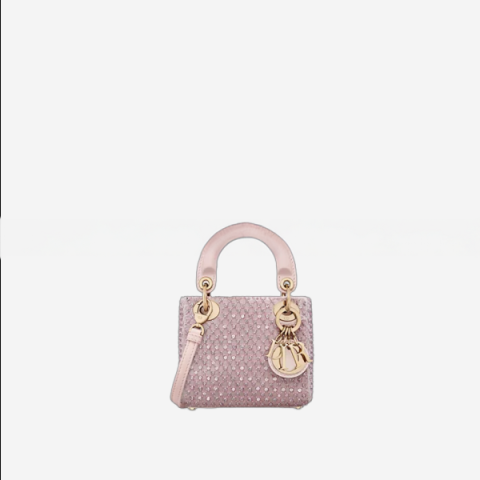 디올 Lady Dior 핑크 새틴 & 비즈, 메탈릭 스레드 자수 마이크로 백
