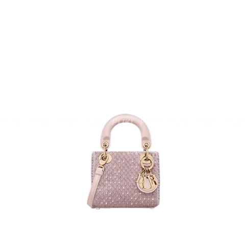 디올 Lady Dior 핑크 새틴 & 비즈, 메탈릭 스레드 자수 마이크로 백