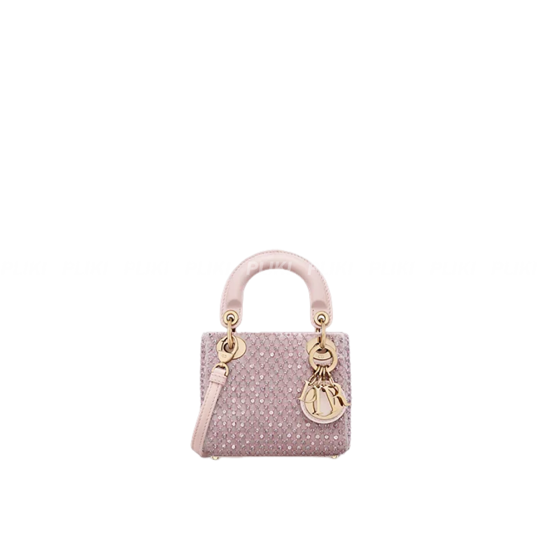 디올 Lady Dior 핑크 새틴 & 비즈, 메탈릭 스레드 자수 마이크로 백
